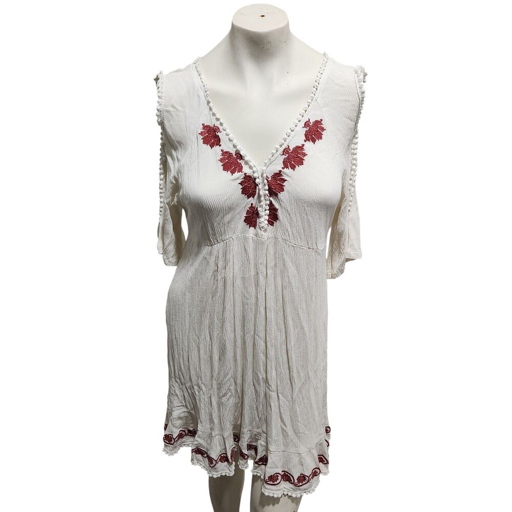 Boho Peasant Dress Embroidered Cottagecore Festival Mini L Cream Red L‎